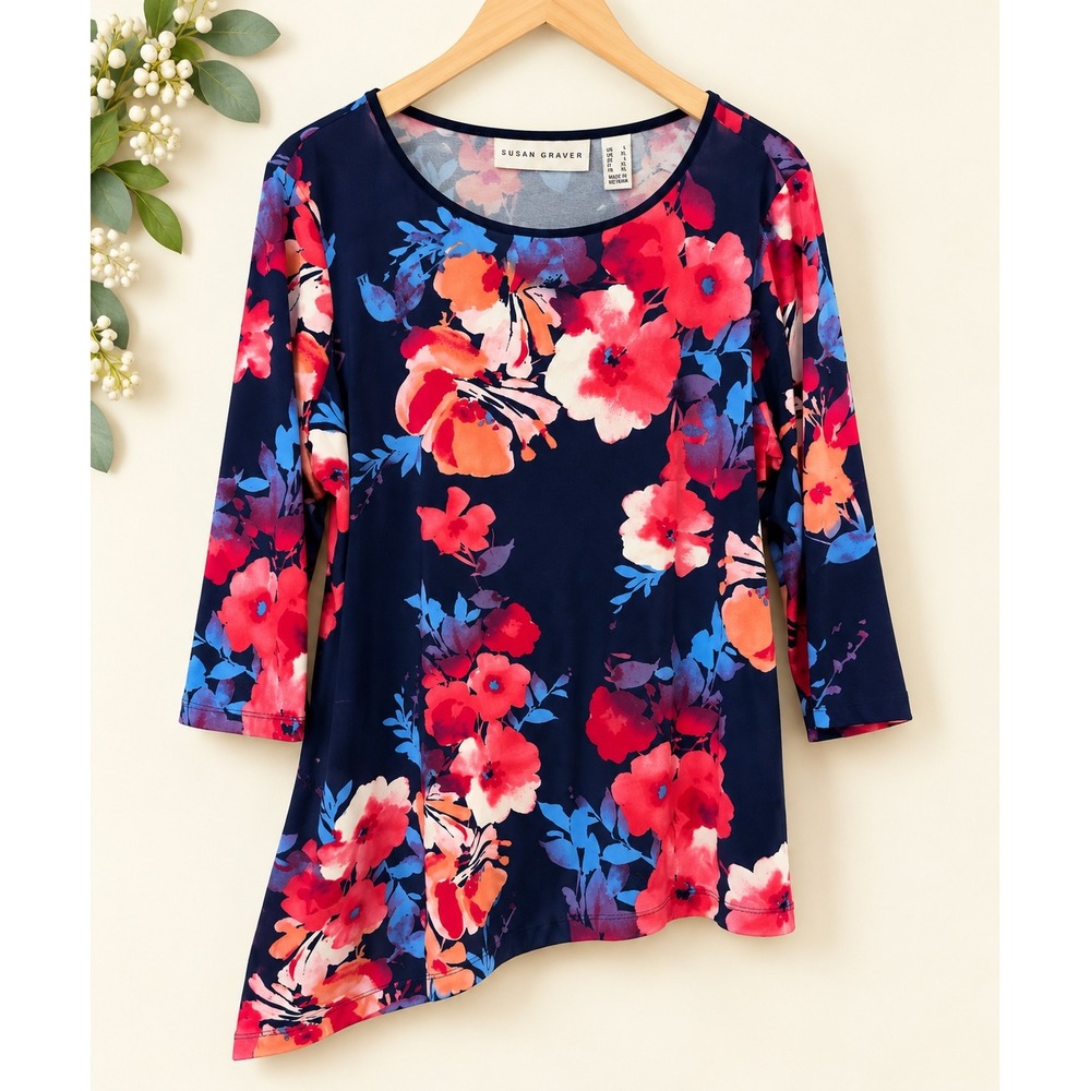 Susan Graver Liquid Knit Floral Asymmetrical Tunic Top Navy Blue Red Large